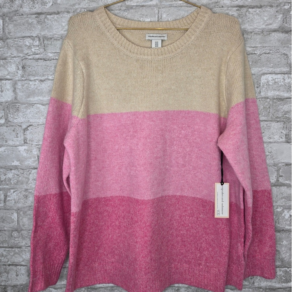 Cupcakes and Cashmere Colorblock Sweater Pink Tan Casual Preppy 1X